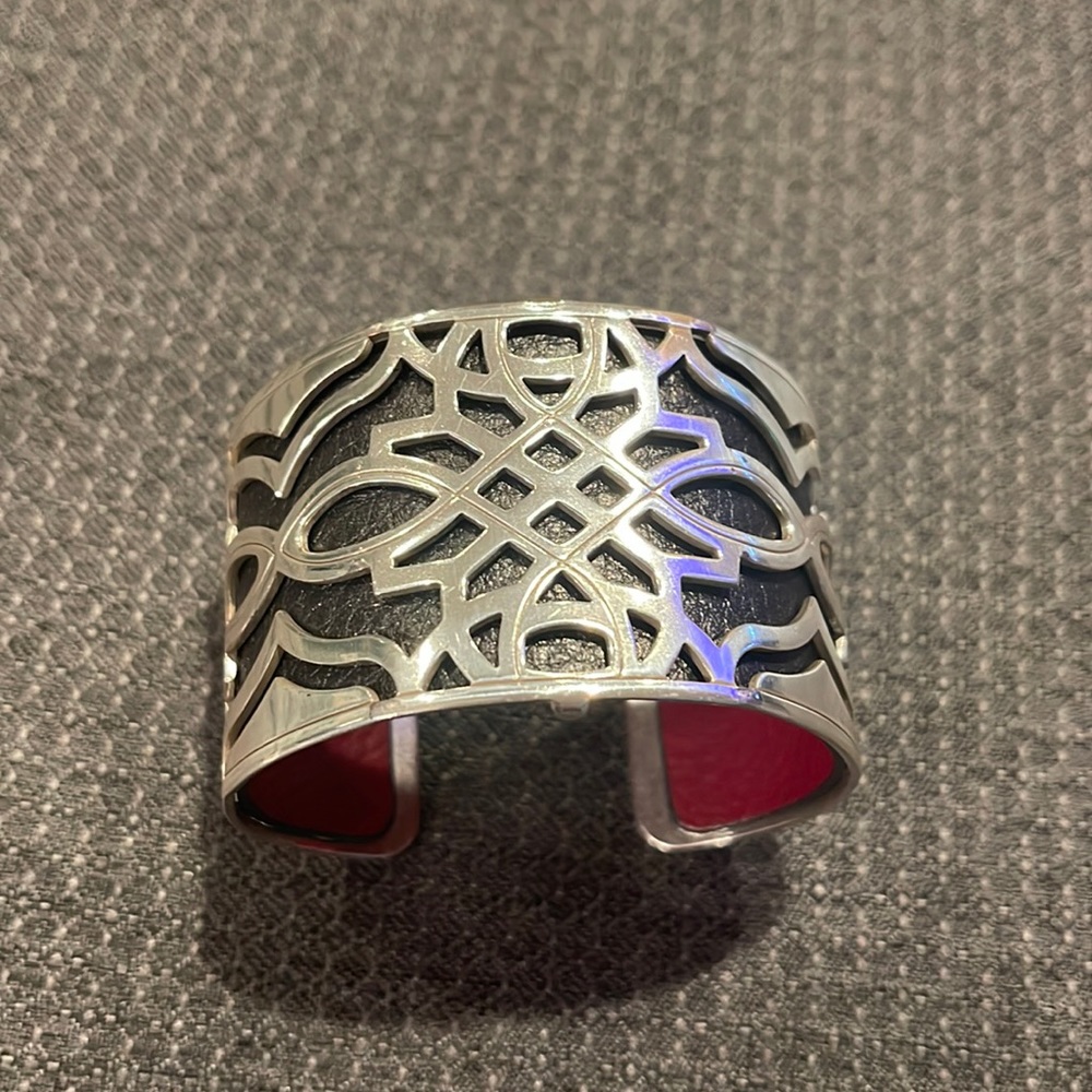 Brighton- Christo wide cuff bracelet set with red/dark gray leather insert.
